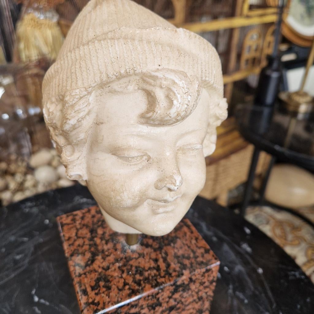 Marmeren hoofdje hoofd op granieten sokkel brocante  deco, Ophalen of Verzenden