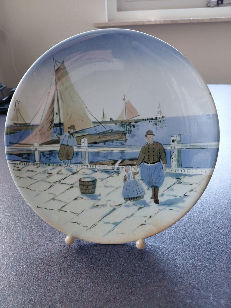 Oud handbeschilderd bord met havengezicht, Antiek en Kunst, Antiek | Wandborden en Tegels, Ophalen of Verzenden