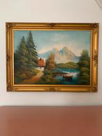 Schilderij met gouden lijst - Landschap met meer en bergen, Antiek en Kunst, Ophalen of Verzenden