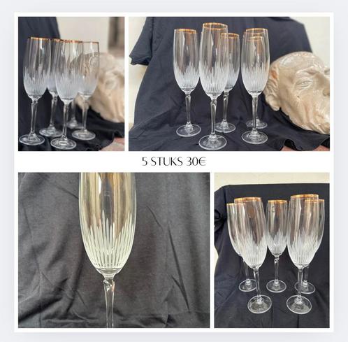 Brocante Champagneglazen met Gouden Rand - Set van 5 stuks, Antiek en Kunst, Antiek | Glas en Kristal, Ophalen of Verzenden