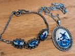 Setje zilveren armband en ketting met hanger delfs blauw, Sieraden, Tassen en Uiterlijk, Kettingen, Met hanger, Blauw, Ophalen of Verzenden