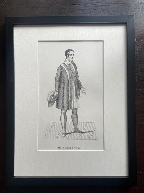 1852 Oud kostuum / Franse tekst - In leuke lijst UNIEK, Antiek en Kunst, Kunst | Etsen en Gravures, Ophalen of Verzenden