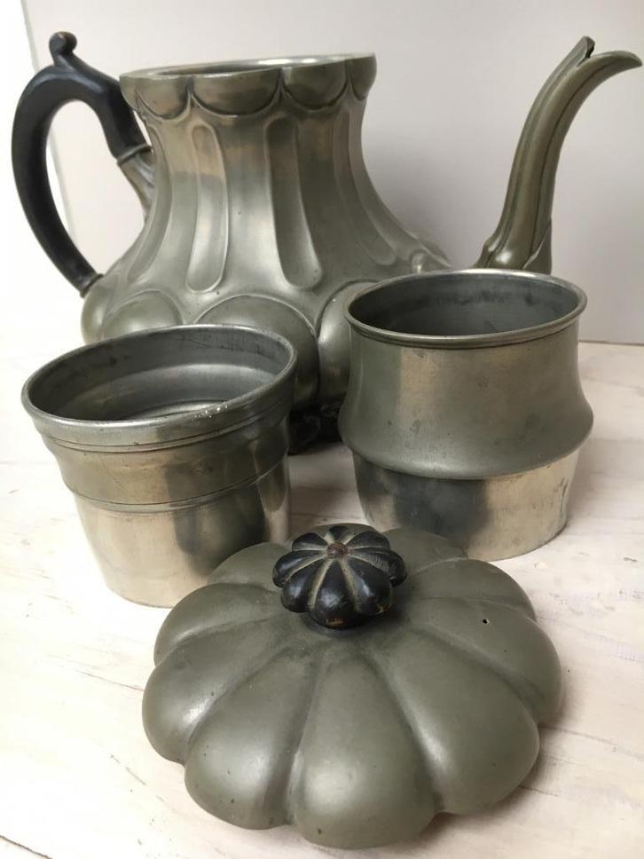 Bijzondere Shaw & Fisher koffiepot, tin, 2 filters, Antiek en Kunst, Antiek | Tin, Ophalen of Verzenden