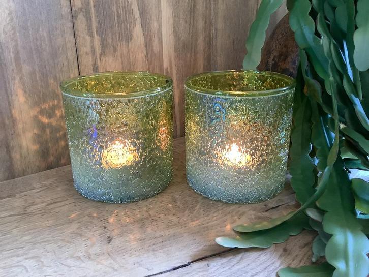NIEUW set groen bubbelglazen windlichten met parelmoer, Huis en Inrichting, Woonaccessoires | Kandelaars en Kaarsen, Nieuw, Ophalen of Verzenden