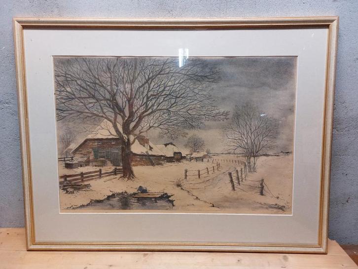 Antoon van Hemert - Winters Landschap - Ingelijst, Antiek en Kunst, Kunst | Tekeningen en Foto's, Ophalen of Verzenden