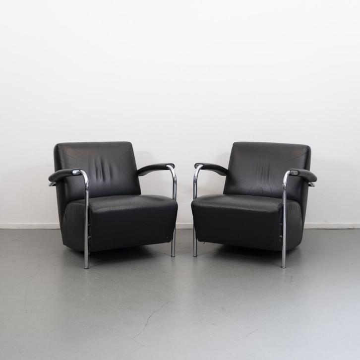 2x Leolux Scylla fauteuils zwart leder - chroom buisframe, Huis en Inrichting, Fauteuils, Zo goed als nieuw, Leer, Ophalen of Verzenden