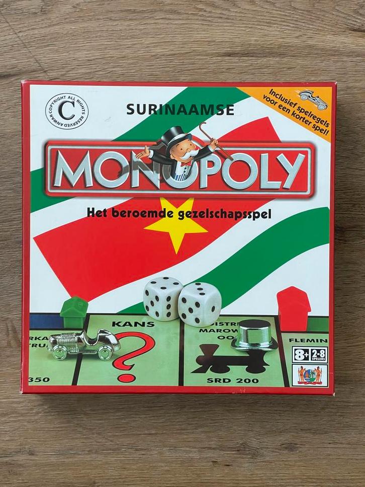 Surinaamse Monopoly Bordspel, Hobby en Vrije tijd, Gezelschapsspellen | Bordspellen, Zo goed als nieuw, Drie of vier spelers, Vijf spelers of meer