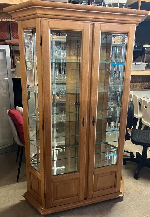 Eiken vitrinekast met glas en spiegel, Huis en Inrichting, Kasten | Vitrinekasten, Zo goed als nieuw, 150 tot 200 cm, 100 tot 150 cm