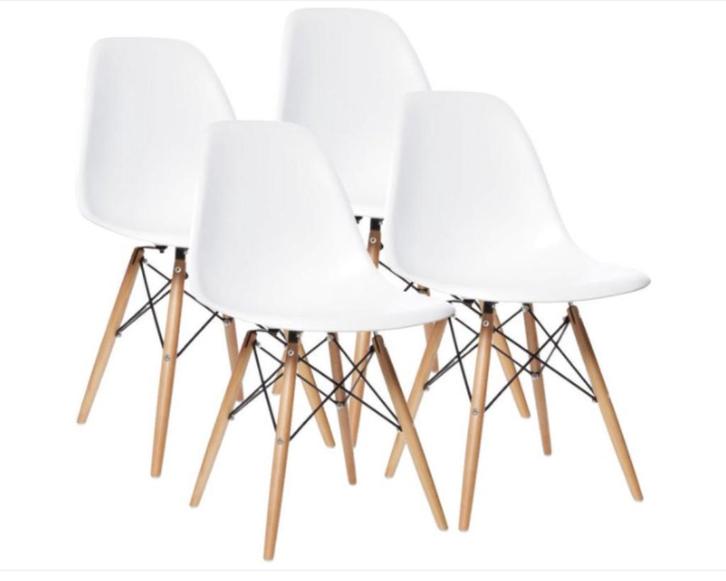 Set van 4 kuipstoelen met beuken houten poten, Huis en Inrichting, Stoelen, Zo goed als nieuw, Vier, Hout, Kunststof, Metaal, Wit