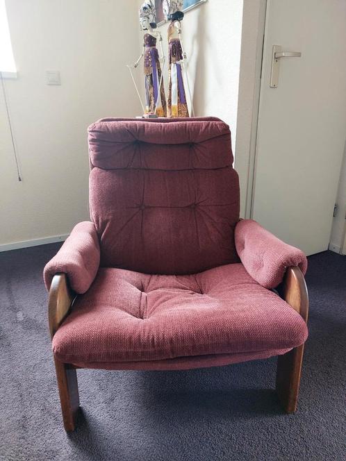 Vintage fauteuil - jaren '70, Huis en Inrichting, Fauteuils, Gebruikt, Hout, Stof, 50 tot 75 cm, 75 tot 100 cm, Ophalen