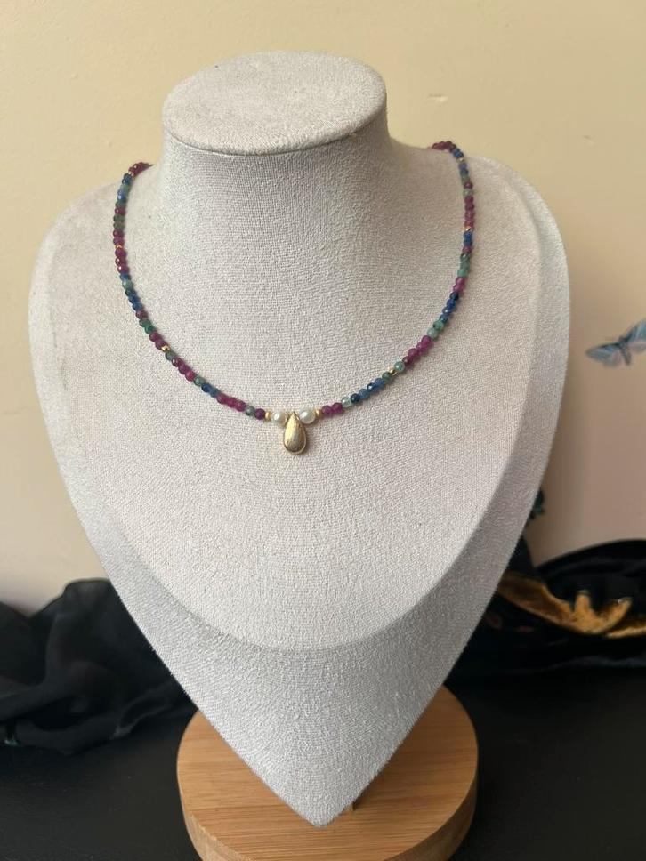 Robijn smaragd saffier Akoya zoutwater parel beschermt geluk, Sieraden, Tassen en Uiterlijk, Kettingen, Nieuw, Zilver, Rood, Met edelsteen