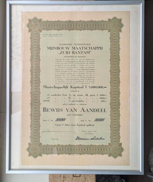 Aandeel 1938 Mijnbouw Mij. "Zuid Bantam" Batavia, Postzegels en Munten, Aandelen en Waardepapieren, Aandeel, Ophalen of Verzenden