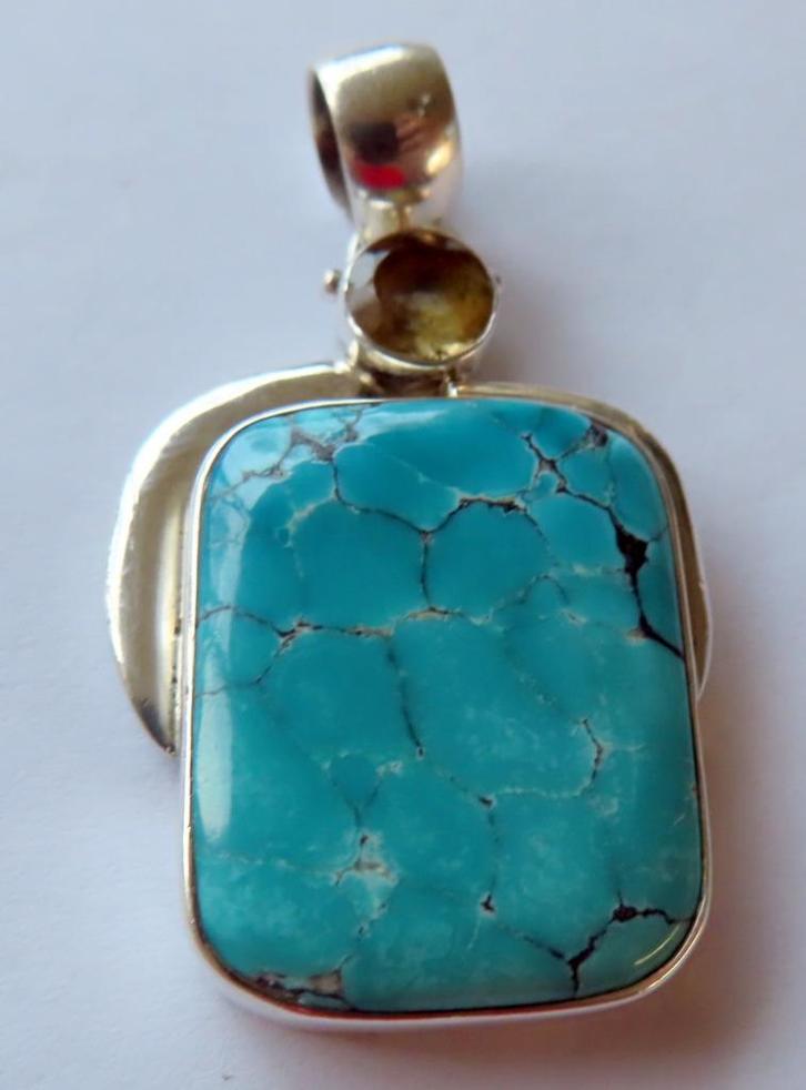 Koopje! Zilveren hanger (no 19) met turkoois/kwarts, incl ve, Sieraden, Tassen en Uiterlijk, Kettinghangers, Zo goed als nieuw