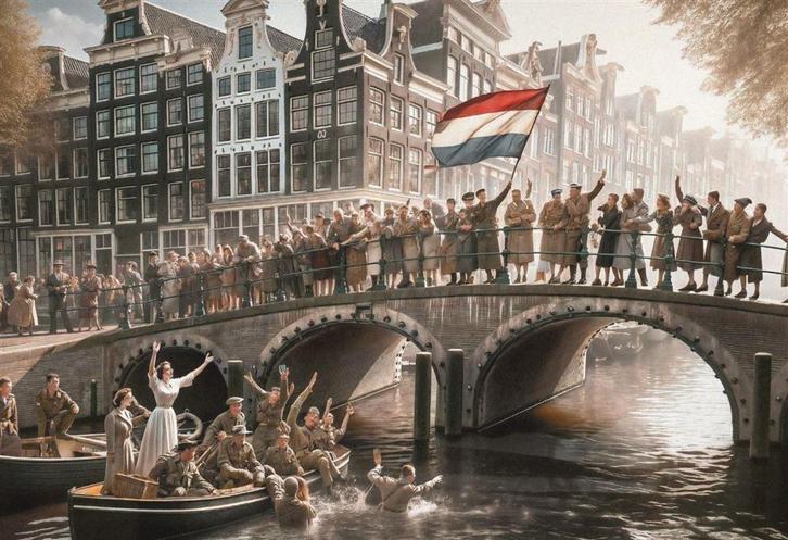 Unieke de Bevrijding Amsterdam affiche poster in lijst, Verzamelen, Militaria | Tweede Wereldoorlog, Foto of Poster, Nederland