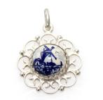 Prachtige Ronde Zilver Delfts Blauw Molen Hanger, Sieraden, Tassen en Uiterlijk, Antieke sieraden, Verzenden, Zilver, Hanger