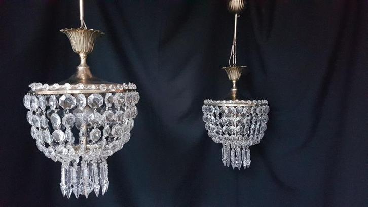 3 hallampjes met kralen aan de bovenrand, Huis en Inrichting, Lampen | Kroonluchters, Gebruikt, Glas, Metaal, Ophalen of Verzenden