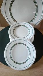 Gebaksset Recamier crème met groen, oranje, gele wieber rand, Ophalen of Verzenden, Gebruikt, Overige stijlen, Bord(en)