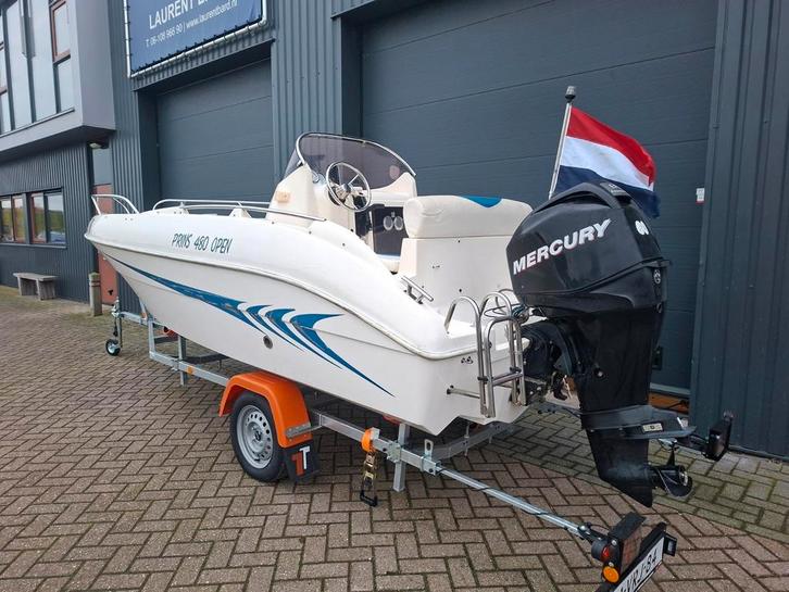 NIEUWSTAAT! Prins 480 + Mercury 60PK INJECTIE, Watersport en Boten, Speedboten, 3 tot 6 meter, Benzine, Minder dan 70 pk, Polyester