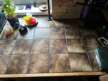 Massief eiken en stenen eettafel (vintage)