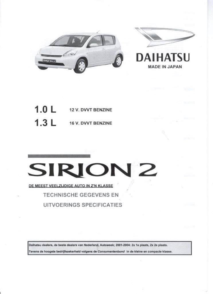 Technische gegevens Daihatsu Sirion 2, februari 2005, Ophalen of Verzenden, Nieuw, Overige merken