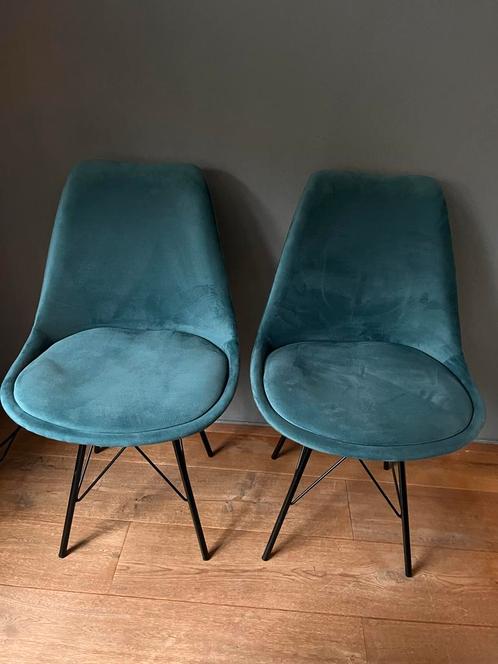 2 Petrol Kleurige Eetkamerstoelen, Huis en Inrichting, Stoelen, Zo goed als nieuw, Twee, Metaal, Blauw, Ophalen of Verzenden