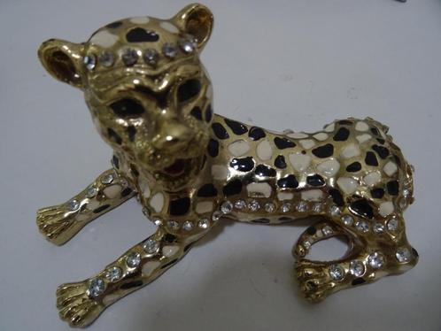 Tijger sieradendoosje ringen pillendoosje emaille strass box, Antiek en Kunst, Curiosa en Brocante, Ophalen of Verzenden