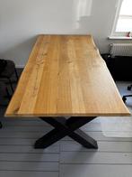 Massief industriële eettafel met eiken blad en X frame poten, Huis en Inrichting, Tafels | Eettafels, Ophalen, 100 tot 150 cm
