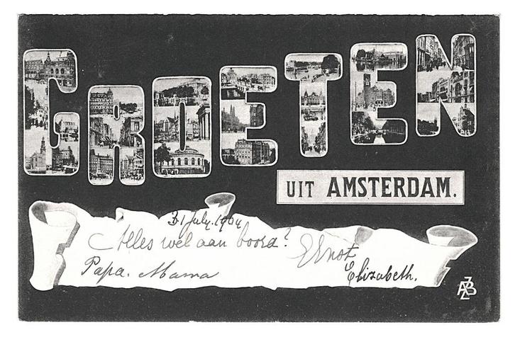 981042 Amsterdam Groeten 1904 Gelopen met zegel, Verzamelen, Ansichtkaarten | Nederland, Gelopen, Noord-Holland, Voor 1920, Ophalen of Verzenden