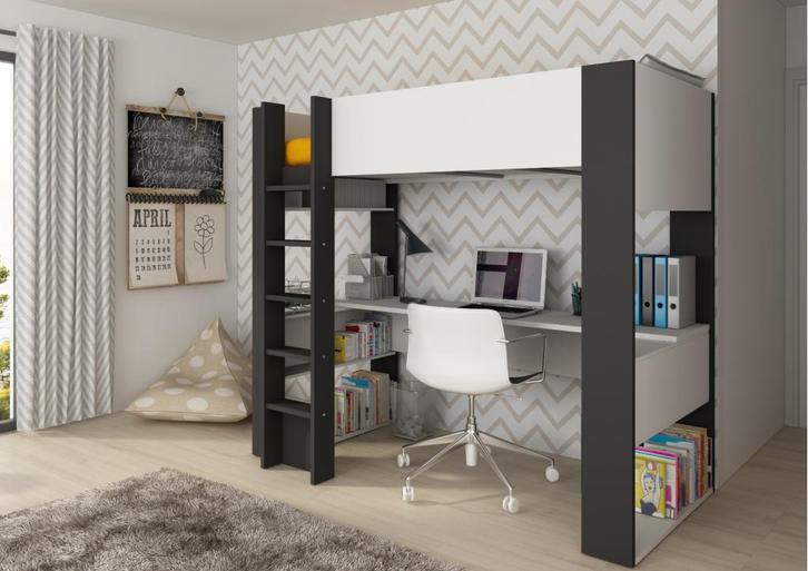 Twist hoogslaper met bureau - 90x200 - Wit met antraciet, Huis en Inrichting, Slaapkamer | Stapelbedden en Hoogslapers, Nieuw