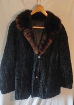 Vintage bontjas - Zwart met bruine imitatie bontkraag, Maat 38/40 (M), Zwart, Ophalen of Verzenden, Vintage