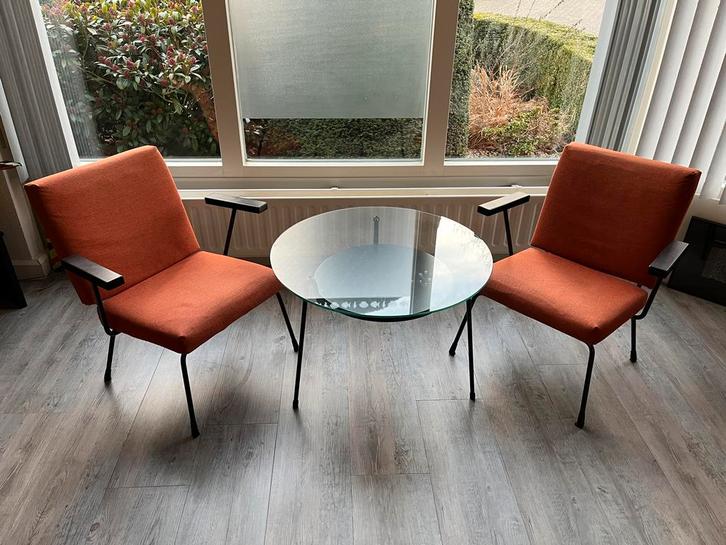Gispen 1407 fauteuils + Gispen 535 salontafel, Huis en Inrichting, Fauteuils, Gebruikt, Metaal, 50 tot 75 cm, 75 tot 100 cm, Ophalen