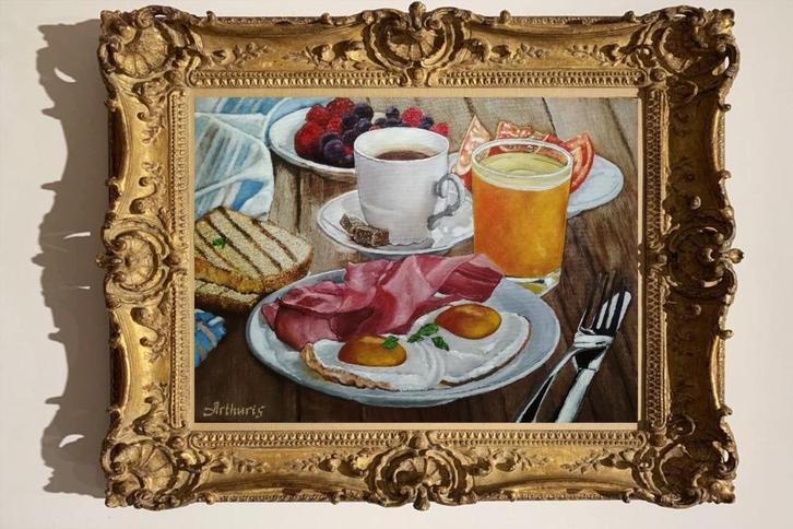 "Gebakken eieren met ham en koffie" Schilderij, Antiek en Kunst, Kunst | Schilderijen | Modern, Verzenden
