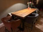 Houten eettafel en bankje met metalen poten, Huis en Inrichting, Tafels | Eettafels, Ophalen, Gebruikt, Eikenhout, 200 cm of meer