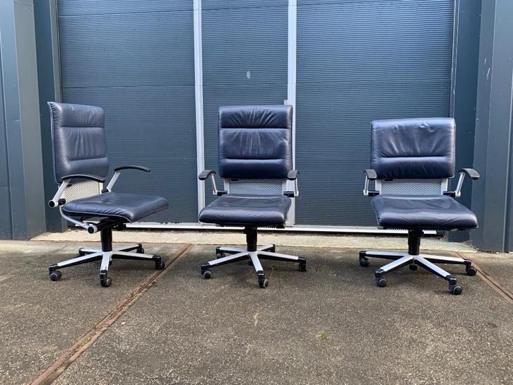 Giroflex Serie 34 bureaustoelen Grijs/blauw leer 3 stuks, Huis en Inrichting, Bureaustoelen, Gebruikt, Bureaustoel, Blauw, Ergonomisch