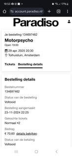 Motorpsycho Amsterdam Paradiso kaarten, Tickets en Kaartjes, Twee personen, April, Hard Rock of Metal