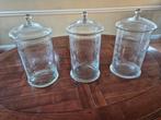 Gegraveerde deksel / voorraad pot - met deksel - set van 3, Ophalen of Verzenden, Zo goed als nieuw, Rond, Glas