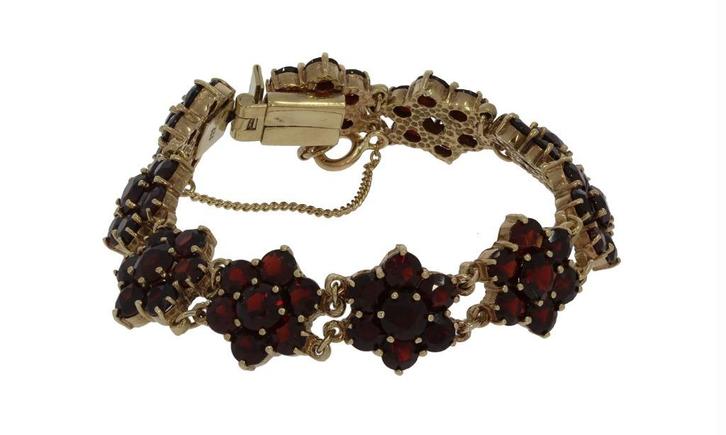 Granaat luxe gouden dames armband bootjes klassiek rozet, Sieraden, Tassen en Uiterlijk, Antieke sieraden, Armband, Goud, Met edelsteen