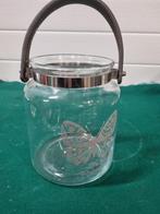 Deco glas pot met vlinder en leren hengsel, Ophalen of Verzenden