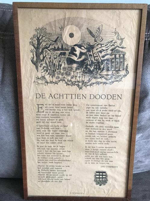 Vintage / Antieke Verzetsprent / Gedicht De Achttien Dooden., Boeken, Oorlog en Militair, Gelezen, Algemeen, Tweede Wereldoorlog