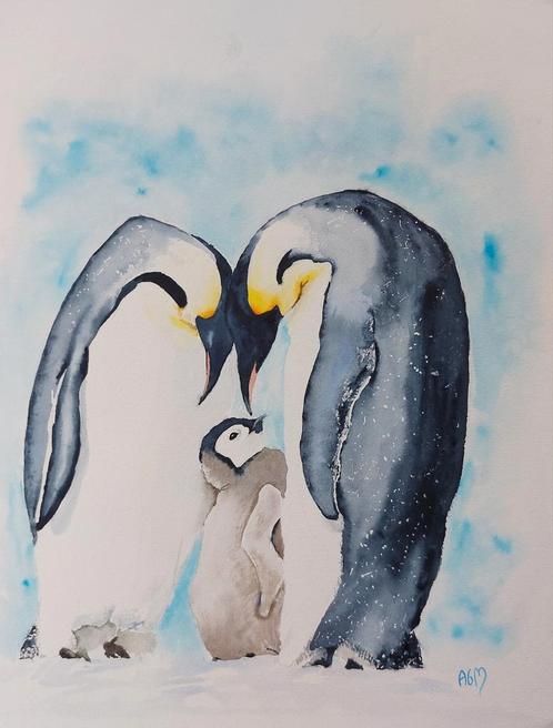 Schilderij aquarel pinguins, Antiek en Kunst, Kunst | Schilderijen | Modern, Ophalen of Verzenden