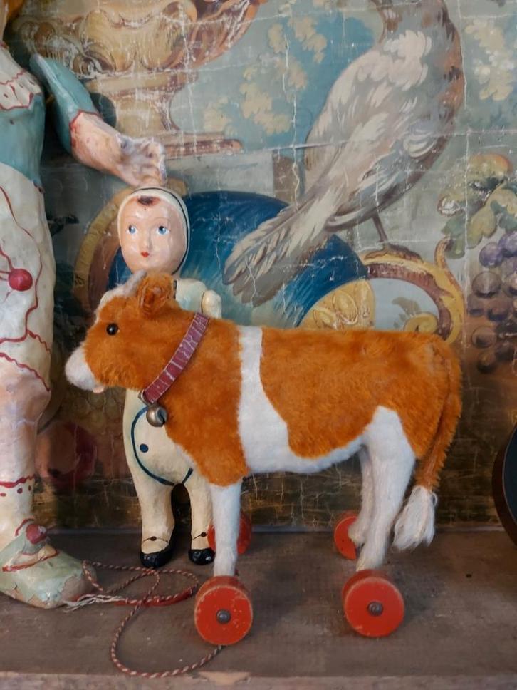 Antiek speelgoed Steiff koe op wieltjes met knop, 26 cm, Antiek en Kunst, Antiek | Speelgoed, Ophalen of Verzenden