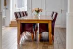 Mooie grote houten eettafel met 8 leren bruine stoelen, Ophalen of Verzenden, Zo goed als nieuw