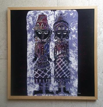 2 Indonesische poppen - Batik procedé - ca.1990 - gesigneerd beschikbaar voor biedingen