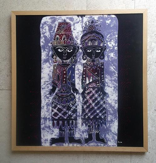 2 Indonesische poppen - Batik procedé - ca.1990 - gesigneerd, Antiek en Kunst, Kunst | Schilderijen | Klassiek, Ophalen of Verzenden
