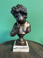 Antieke bronzen buste Engel op marmer, Ophalen of Verzenden, Brons