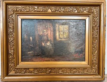 Oude vrouw bij het spinnenwiel beschikbaar voor biedingen