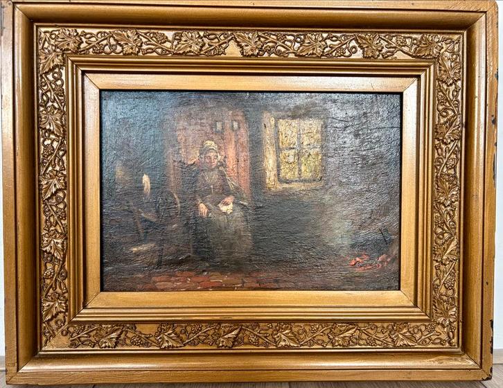 Oude vrouw bij het spinnenwiel, Antiek en Kunst, Kunst | Schilderijen | Klassiek, Ophalen