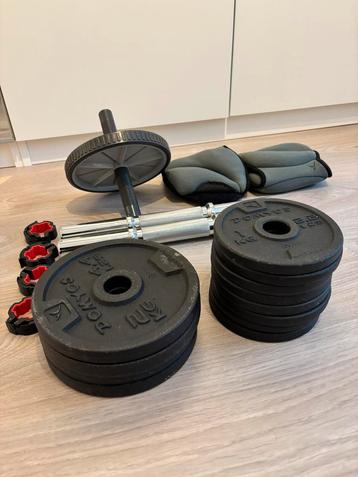Home workout set: weights 20kg, ankle weights, ab wheel beschikbaar voor biedingen