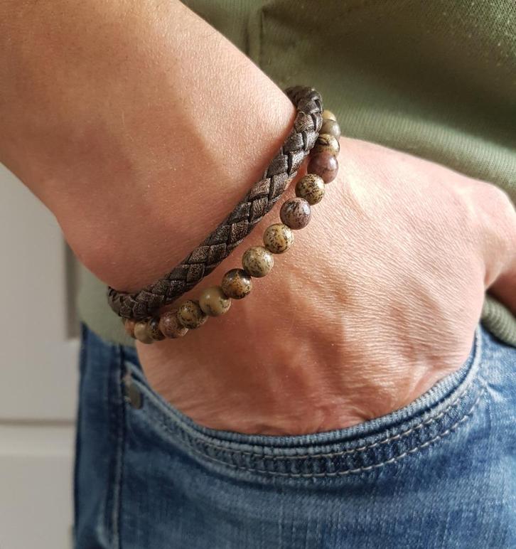 Heren Armband gevlochten Leer met Picasso Jaspis Edelstenen, Sieraden, Tassen en Uiterlijk, Armbanden, Nieuw, Leer, Overige kleuren