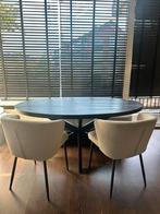 Eettafelset | Zwart mangohout + bouclé stoelen&bankje, Huis en Inrichting, Complete eetkamers, Ophalen, Gebruikt